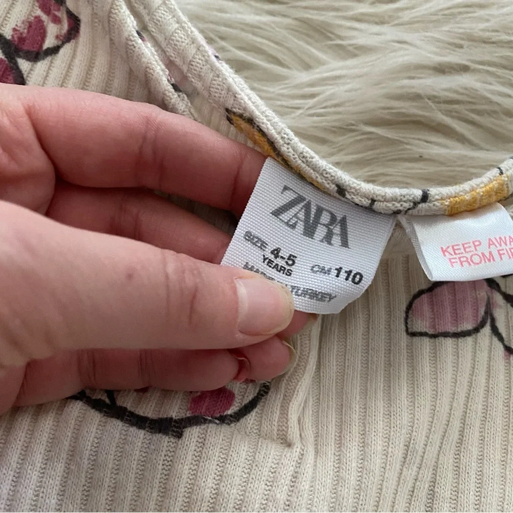 Zara Girl Cream Gray Ribbed Pink Butterfly Button Front Long Sleeve Dress